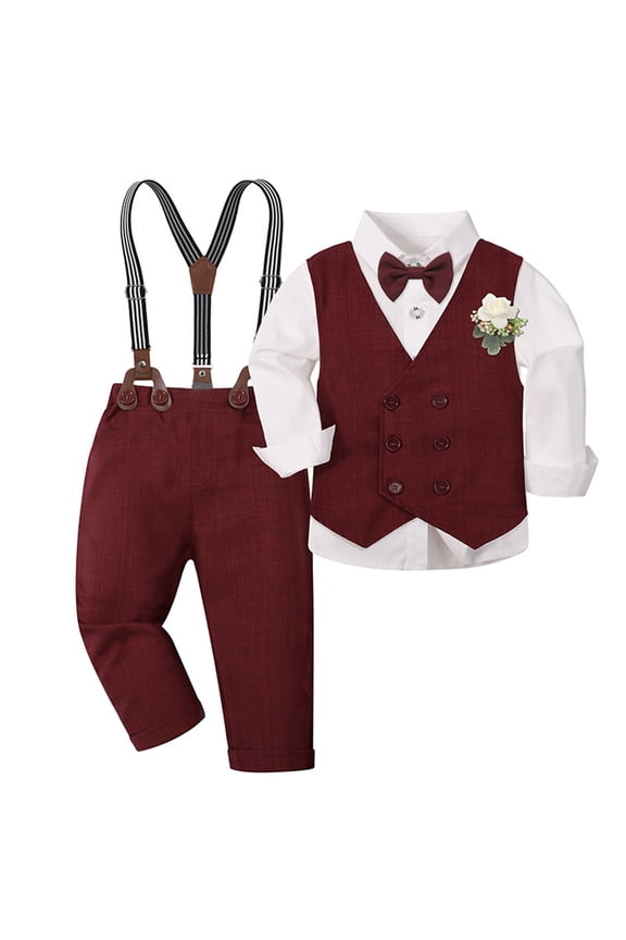 Boys Elegant Red Green Vest Outfit For Toddler Gentlemen Formal Party Wear Holiday Celebration Attire Smart Childrens Suit Set