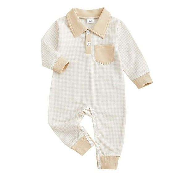Gaexia Boys Long Sleeve Romper Jumpsuit Plaid Pattern Toddler Playwear Soft Comfortable Casual Outfit ,Beige,12-18 Months
