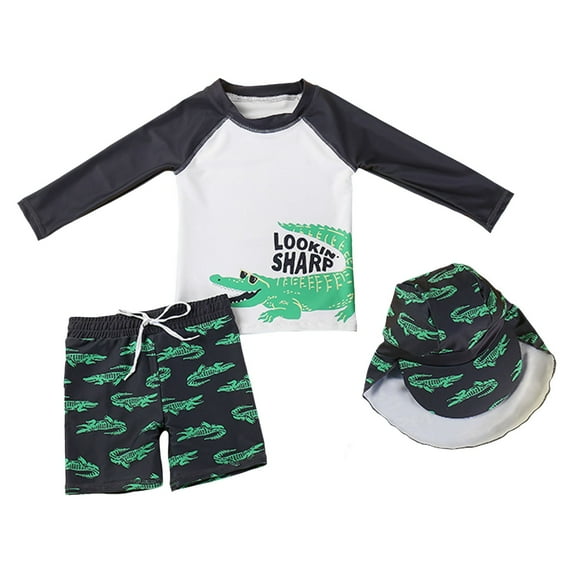 Gaexia Boys Rash Guard Swim Set Animal Prints Short Sleeve Swim Shirts with Swim Trunks Bathing Suit with Hat Sunsuit Swimwear Set Holiday Travel (a-Black,2-3 Years)