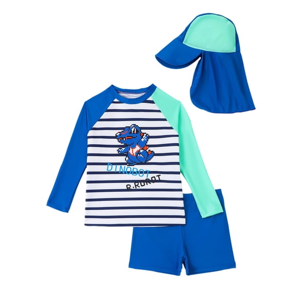 Gaexia Boys Swimsuit 2 Piece Rash Guard Dolphin Print Long Sleeve Stretch Swimsuit Shorts Bathing Suit with Hat Lightweight Swimwear Set Backyard Swimming (Blue-9,7-8 Years)