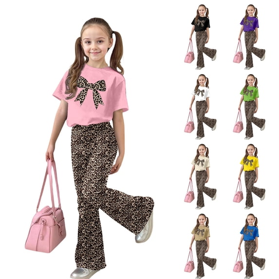 Gaexia Children'S Jogging Set,Girls Casual Fashion Outfit Bow Short Sleeve Top and Long Pants Comfy Two Piece Playwear Fashion Clothes,11-12 Years