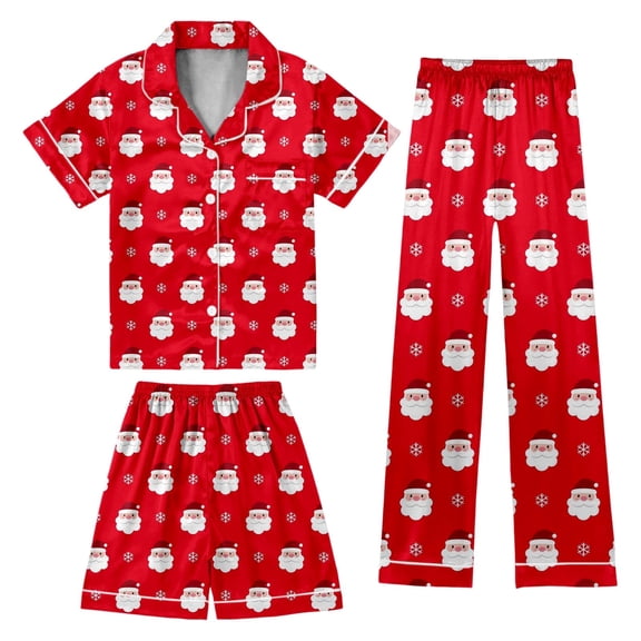 Gaexia Christmas Kids Silk Sets 3 Piece Girls Boys Satin Set Button-Down Soft Short Sleeve Shorts Pants 3pcs