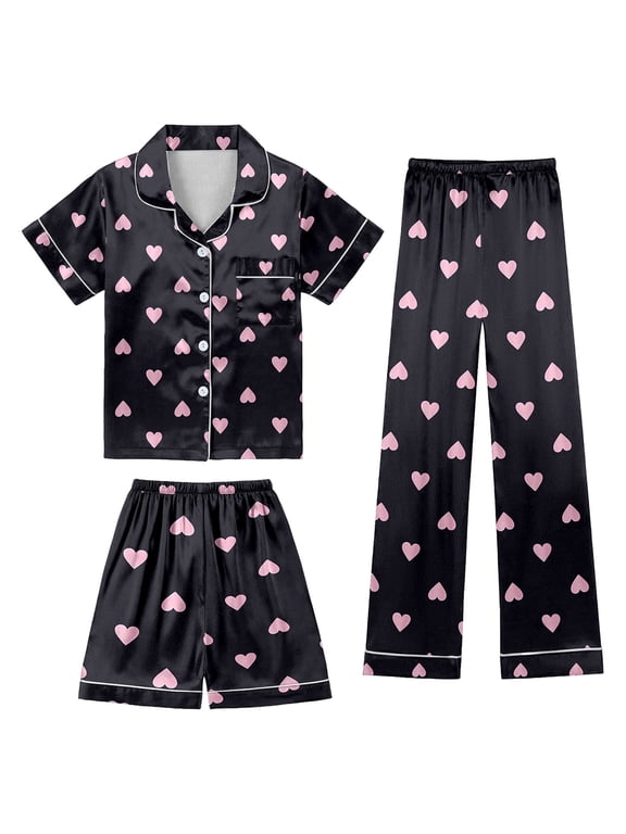 Christmas Kids Silk Sets 3 Piece Girls Boys Satin Set Button-Down Soft Short Sleeve Shorts Pants 3pcs