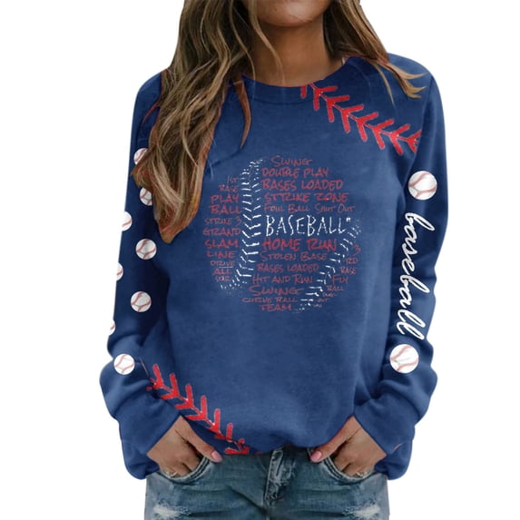 Gaexia Crewneck Sweatshirts Women Cute Casual Long Sleeve Round Neck Baseball Print Sweatshirt Hoodless Pullover Soft Comfortable Game Day Top,Navy,S