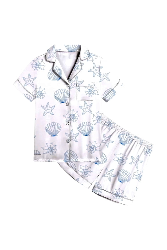 Cute Pjs for Girls Preppy Kids Silk Pajamas Short Sleeve Shirts and Short Pants 2 Piece Pajama Set (Teens, White, 10-11 Years)