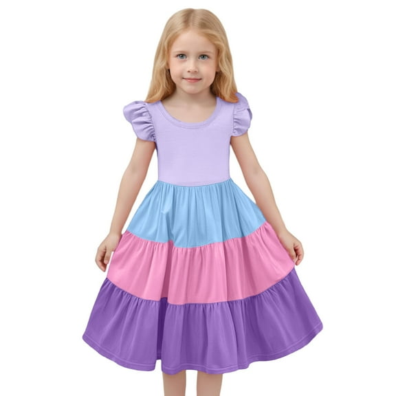Gaexia Dresses for Girls ,Girls Summer A Line Dress With Flying Sleeves Color Block Design For Outdoor Activities Ages 6 15 Comfortable And Stylish Casual Wear (Purple,8-9 Years)