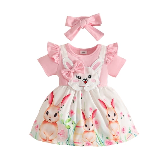Gaexia Easter Cartoon Print Toddler Girls Party Dress Short Sleeve for Holiday Celebration (Pink,6-12 Months)