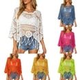 thumbnail image 1 of Gaexia Elegant Lace Beach Cover Up Womens Crochet Tops Summer Boho 3/4 Sleeve Crewneck Lightweight Hollow Out Knit Top Summer Beach Swimsuit Coverup, 1 of 6