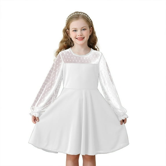 Gaexia Fall Dress For Toddler Girl,Girls Lace Long Sleeve Solid Color Cute Dress For Ages 6 15,White,6-7