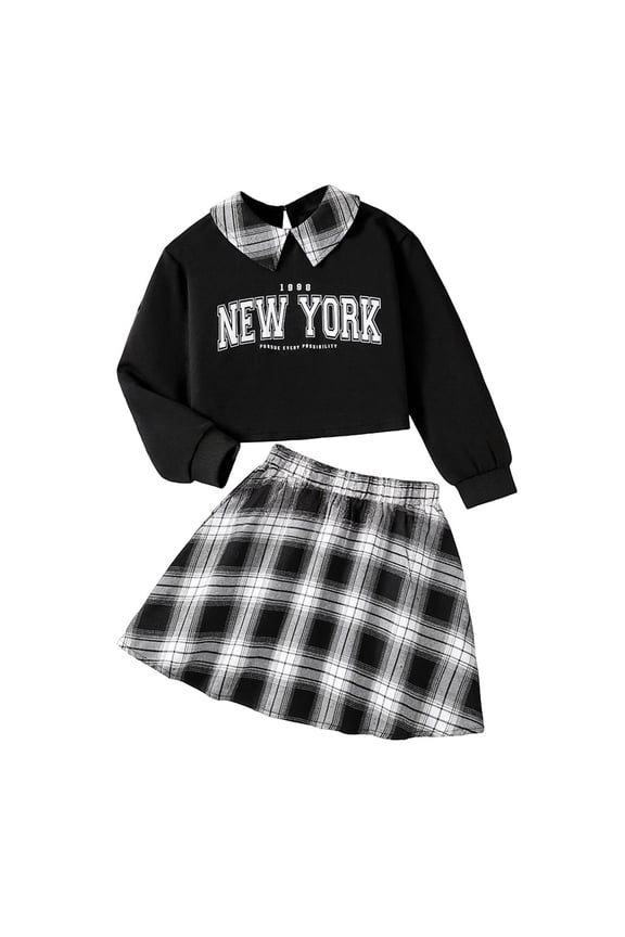 Fall Outfits For Girls 10-12 ,Girls Spring Outfits Long Sleeve Letter Print Pullover Hoodie Plaid Pleated Skirt Set Casual Two Piece Tween Clothes,10 Years
