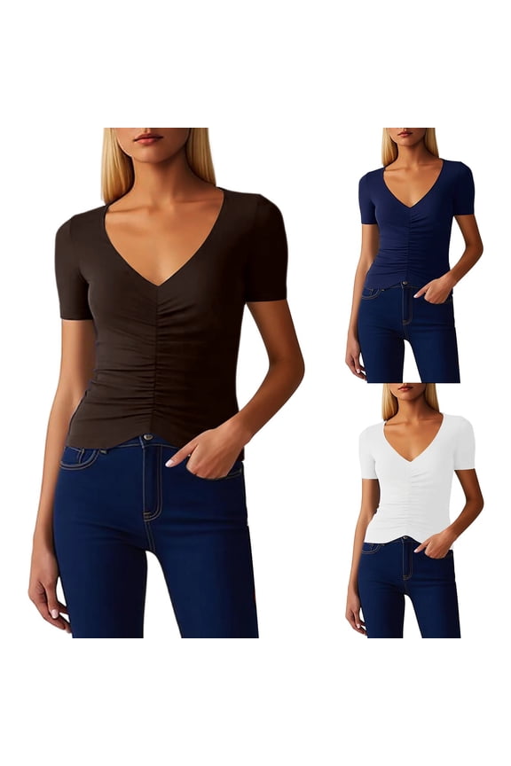 Fashion Commute Blouse Elegant Smocked Neckline Slim Fit Waist Defining Solid Color Top (Brown,L)