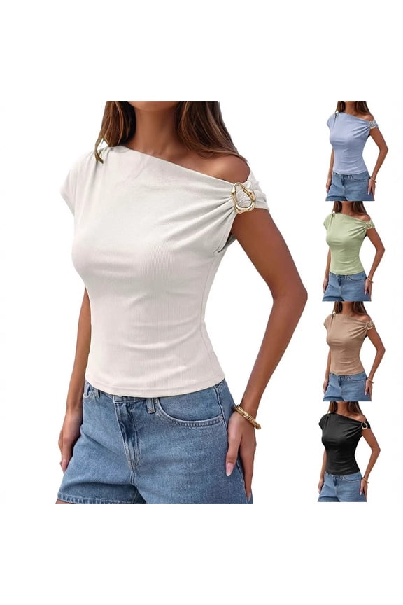 Fashion Ribbed Slim Fit Asymmetric Off Shoulder Casual Basic Tee Shirt Blouse for Women (Black,S)