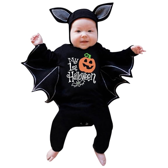 Gaexia My First Halloween Outfit Baby Boy Girl Pumpkin Bat Romper Hoodie Playsuit One Piece Jumpsuit Soft Comfortable Toddler Clothing For Halloween Party Cosplay Dress Up