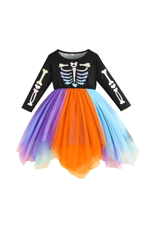 Girl Fall Dress,Girls Dresses Halloween Tutu Dress Long Sleeve Cartoon Print Party Gown For Toddler Kids Casual School Beach Outfit,Black,5-6 Years