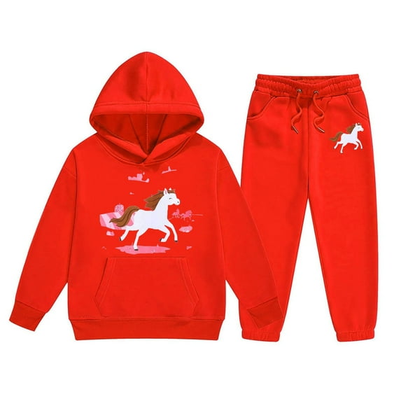Gaexia Girl Outfits Size 10-12,Girls Winter Outfits Sets Cartoon Horse Print Hooded Sweatshirt and Joggers Ranch Style Long Sleeve Comfortable Clothes