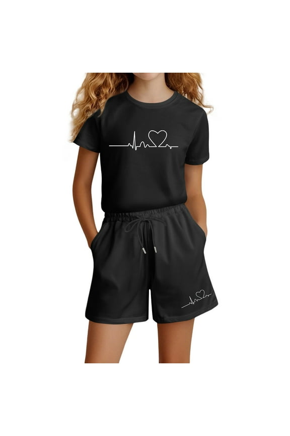 Girl's 2 Piece Outfits Ruffles Short Sleeve Clothes Casual T-Shirt Shorts Set Clothing Sets Tracksuit Children Kid Girls