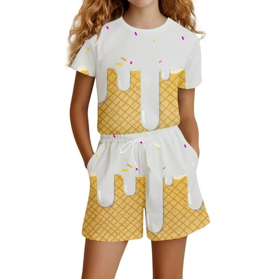 Gaexia Girl's 2 Piece Outfits Solid Color Short Sleeve Clothes Casual T-Shirt Shorts Set Two Piece Set Little Girls