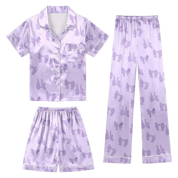 Gaexia Girls 3 Pieces Pajamas Sets Silk Satin Ruffle Sleepwear Short Sleeve Button-Down Pjs Nightwear Loungewear