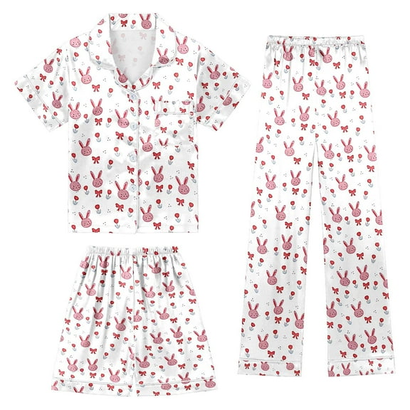 Gaexia Girls 3 Pieces Pajamas Sets Silk Satin Ruffle Sleepwear Short Sleeve Button-Down Pjs Nightwear Loungewear