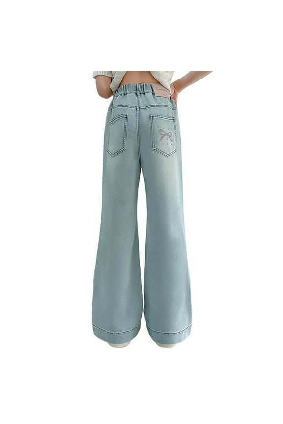 Girls Back To School Clothes Girls' Loose Pants Wide Leg Baggy Jeans Elastic Waist Denim Pants Casual Trousers With Pockets