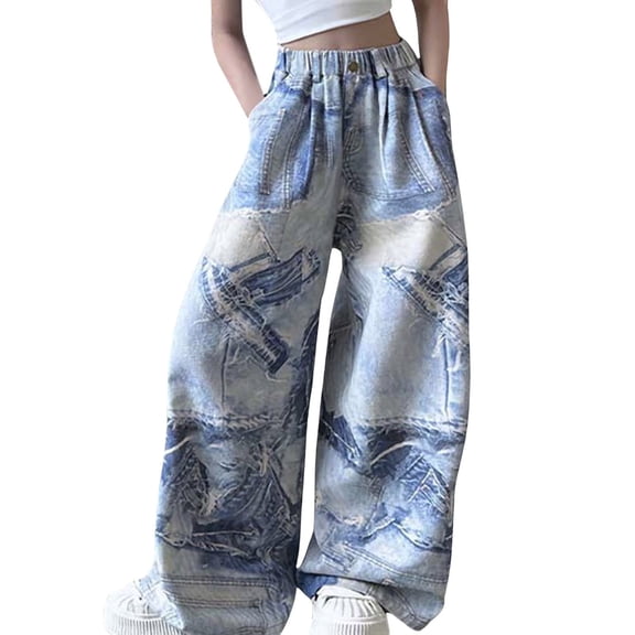 Gaexia Girls Back To School Outfit Girls Fashion Cute Personality Pants Elastic Waist Wide Leg Jeans Casual Demin Pants With Pockets