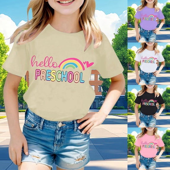 Gaexia Girls Casual Letter Print Short Sleeved T Shirt Top Kids Back To School Clothes Outfit (Pink,1-2 Years)