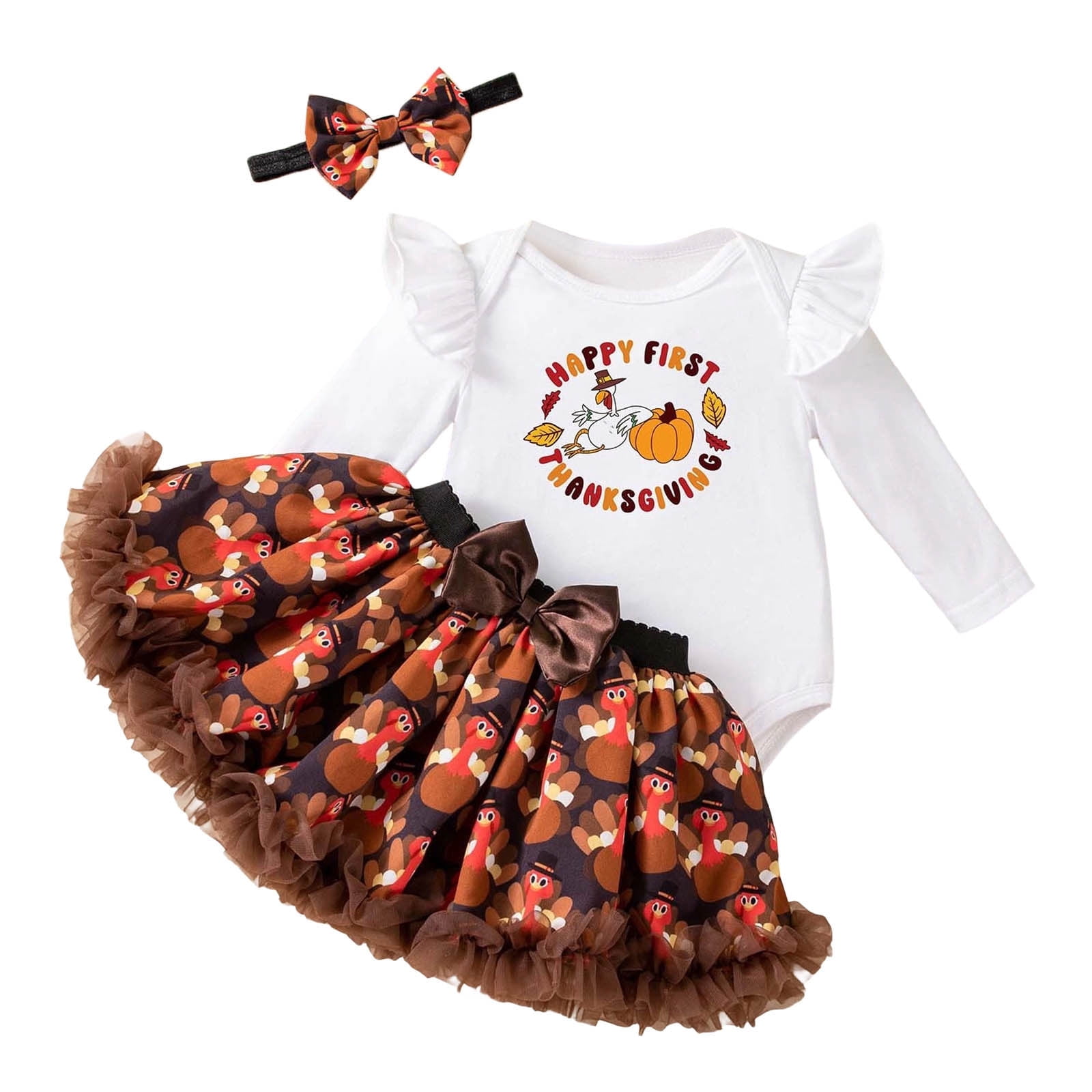 Gaexia Girls Clothes Size 6/7 Outfits Fall ,Thanksgiving Baby Girl Outfit 3 Piece Set Cute Turkey Print Long Sleeve Dress Headband Toddler Holiday Party Clothes for 1-18 Months