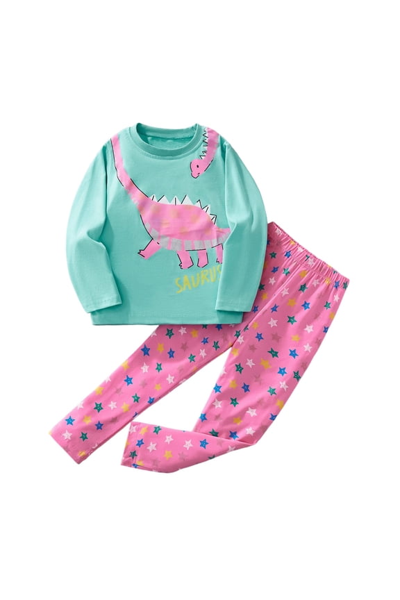 Girls Dinosaur Print Long Sleeve Shirt and Pants Casual Outfit Set for Fall Winter Season Daily Wear Comfortable Play Clothes 2 Piece,Multicolour,2-3 Years