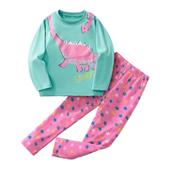 Gaexia Girls Dinosaur Print Long Sleeve Shirt and Pants Casual Outfit Set for Fall Winter Season Daily Wear Comfortable Play Clothes 2 Piece,Multicolour,6-7 Years