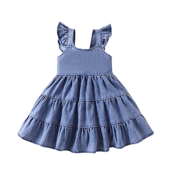 Gaexia Girls Dresses ,Girls' Denim Vest Style Flared Strap Dress With Detachable Sleeves (Light Blue,18-24 Months)