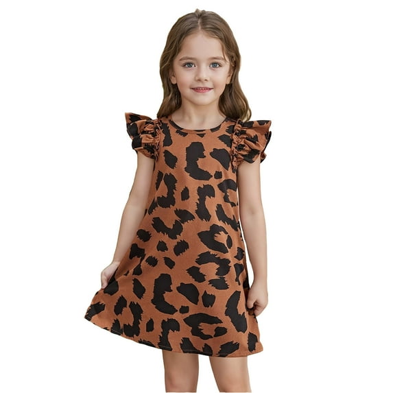 Gaexia Girls Dresses ,Girls Dresses Summer Casual Leopard Print Round Neck Flutter Sleeve Loose Fit Dress For Toddler Kids Age 1 8 Years Comfortable Playwear Outfit (Brown,3-4 Years)
