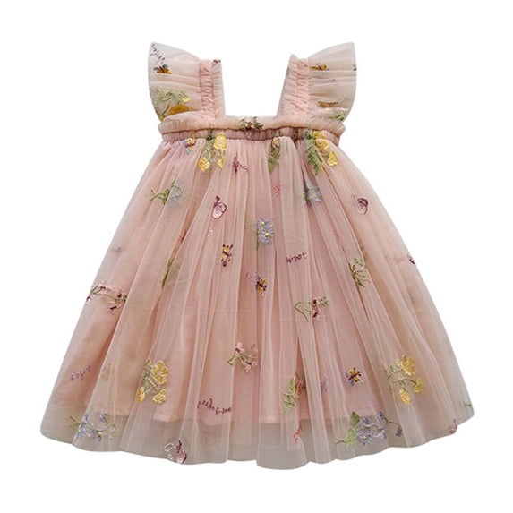 Gaexia Girls Dresses ,Toddler Girls Fly Sleeves Embroider Princess Dress Dance Party Floral Dresses Clothes (Pink,12-18 Months)