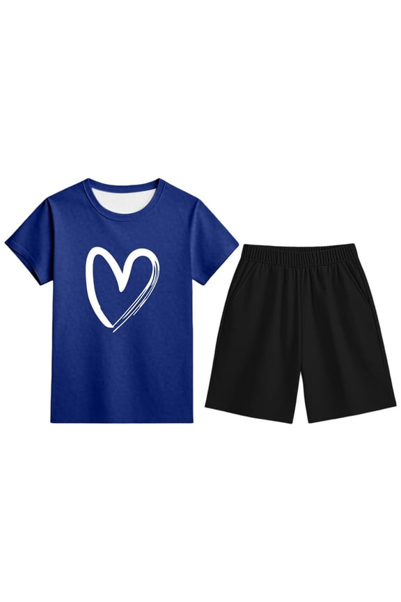 Girls Fall Outfits ,Girls Outfits Set Heart Print Short Sleeve Top and Shorts Casual Wear for Kids Ages 3-13 Comfortable Everyday Spring Summer Outfit