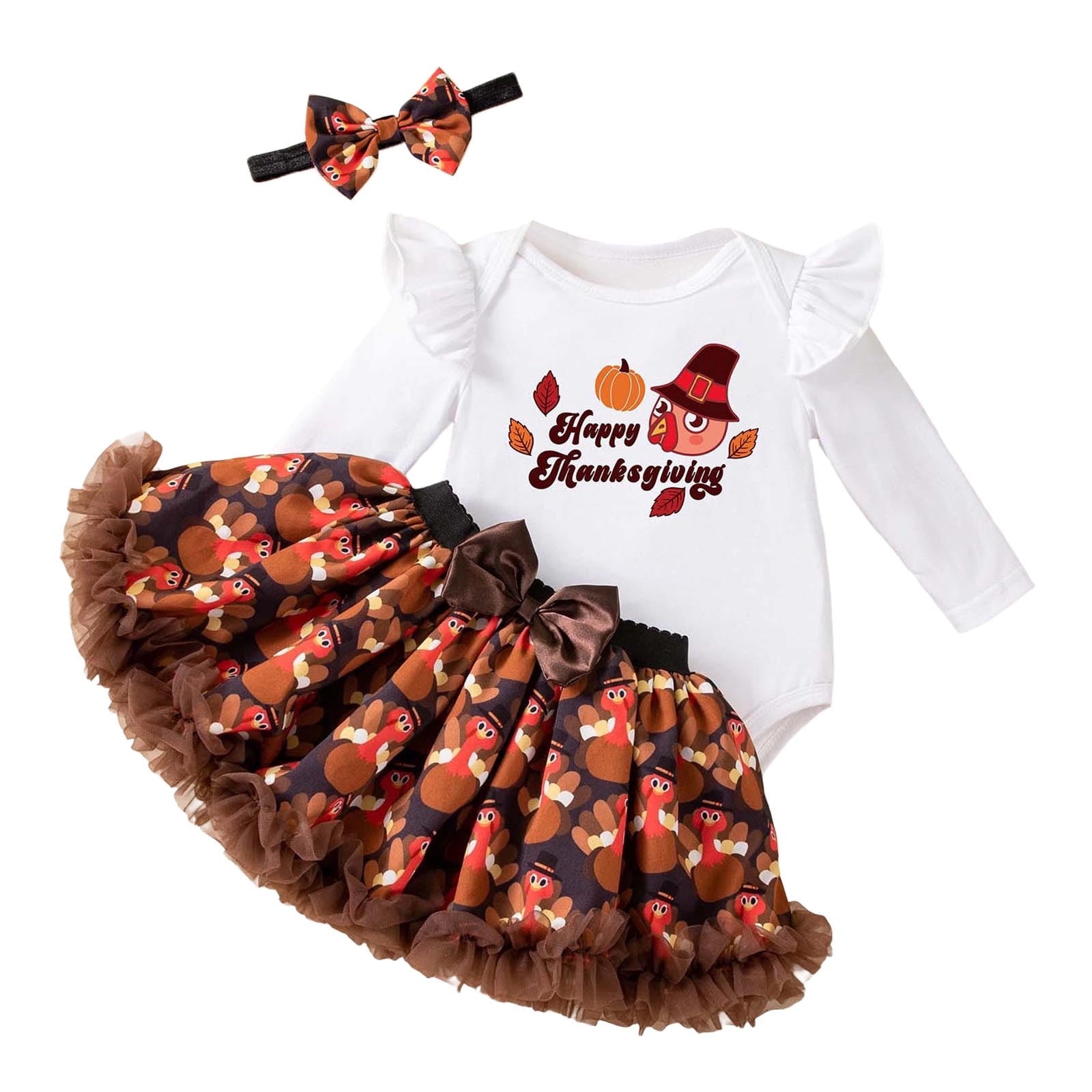 Gaexia Girls Fall Outfits Size 10-12 ,Thanksgiving Baby Girl Outfit 3 Piece Set Cute Turkey Print Long Sleeve Dress Headband Toddler Holiday Party Clothes for 1-18 Months