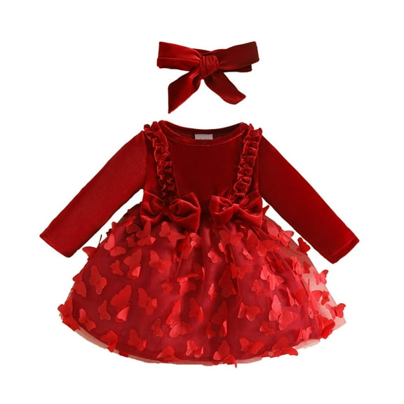 Gaexia Girls Fall Rdress,Girls Long Sleeve Bowknot Dress Headbands Set,Red,0-3 Months