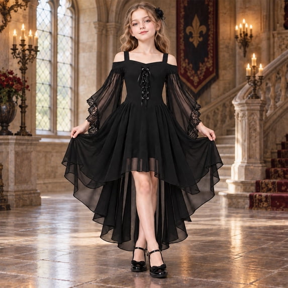 Gaexia Girls Gothic Vampire Halloween Dress, Black High-Low Chiffon Dress-Up Outfit for Kids, Lightweight Chiffon, for Halloween Trick-or-Treat