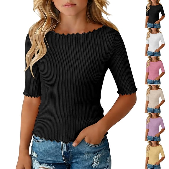 Gaexia Girls Half Sleeve Ribbed Knit Tops Ruffled Collar Cute Casual Blouse For Youth Summer Girls Fashion (Pink,5-6 Years)