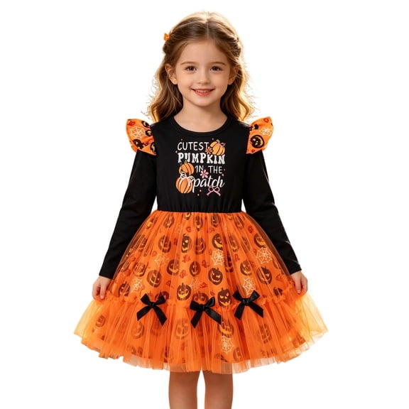 Gaexia Girls Halloween Dresses Long Sleeve Pumpkin Print Mesh Party Dress Toddler Kids Holiday Birthday Celebration Dance Performance Clothing