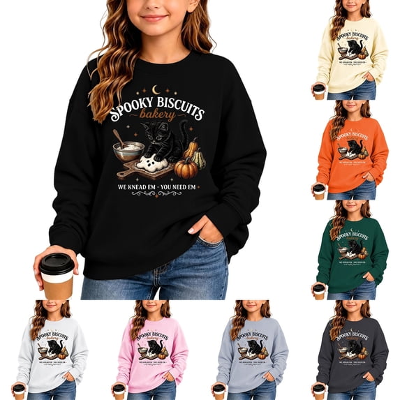 Gaexia Girls Halloween Hoodie Cat Print Pullover Sweatshirt for Kids Youth Casual Fall Winter Long Sleeve Top 1-10 Years