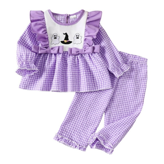 Gaexia Girls Halloween Outfit Set, Long Sleeve Top and Pants with Pumpkin Print, Lace Trim Comfortable Party Wear for Toddlers 1-8 Years