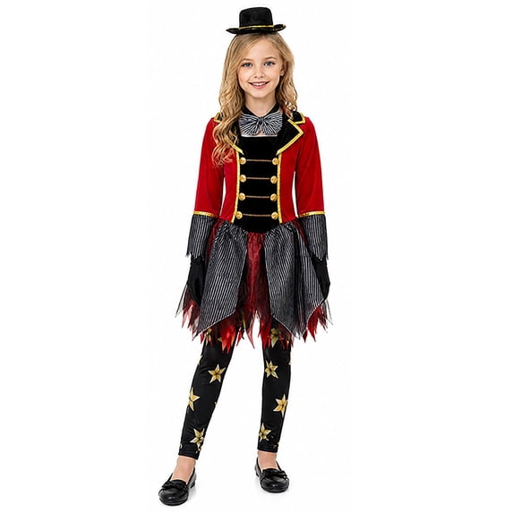 Gaexia Girls Halloween Ringmaster Outfit Dress Pants Hat Tie Set Kids Party Performance Wear Girls Halloween Ringmaster Set