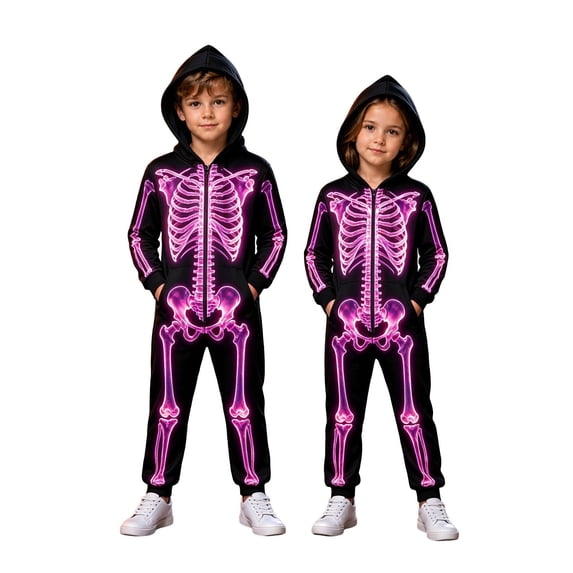 Gaexia Girls Halloween Romper Skeleton Print Hooded Jumpsuit One Piece Outfit Soft Comfortable Clothing For Outdoor Play Trick Or Treat And Daily Casual Wear
