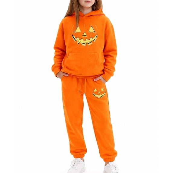 Gaexia Girls Halloween Sweatsuit Print Hoodie with Matching Pants Cozy Theme Ensemble for Kids Seasonal Outfit Set