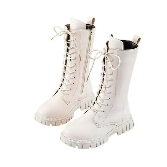 Gaexia Girls Lace Up Riding Boots Mid Calf Combat Boots Fashion Waterproof PU Leather Side Zipper pop-K Boot 4-12 Years