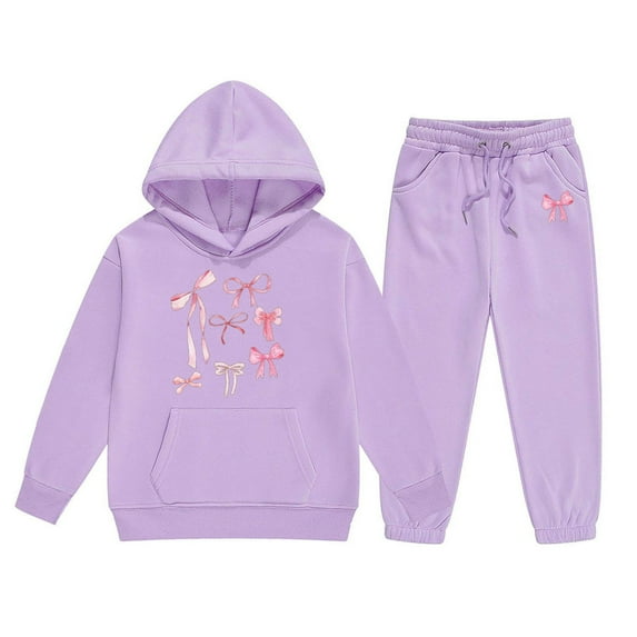Gaexia Girls Letter Print Hoodie and Jogger Pants Set Casual Two Piece Outfit for Everyday Winter Wear Comfortable Lined Tracksuit with Pockets,Purple,8-9 Years