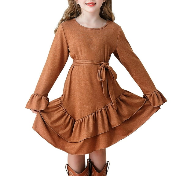 Gaexia Girls Long Sleeve Fall Dresses,Girls Dresses Loose Plain Casual Ruffle Swing Midi Dress With Belt,Brown,9-10 Years