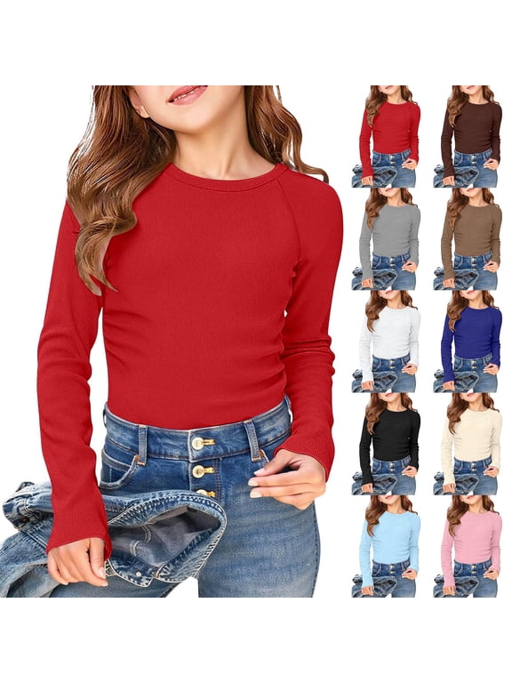 Girls Long Sleeve Ribbed Raglan Tee Stretchy Casual Basic Fit Crew Neck Shirt For Kids Youth (Red,5-6 Years)