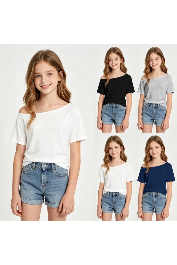 Girls Off Shoulder Casual Top Solid Color Design Tee Shirt For Teenage Youth Fashion Comfortable Girls Fashion (Navy,10-11 Years)