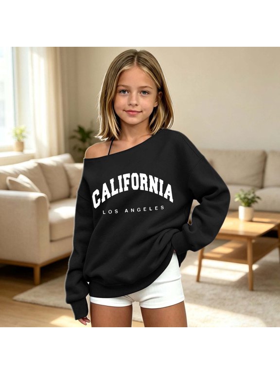 Girls Off Shoulder Hoodie California Print Pullover Sweatshirt for Kids Youth Casual Fall Winter Top 5-14 Years