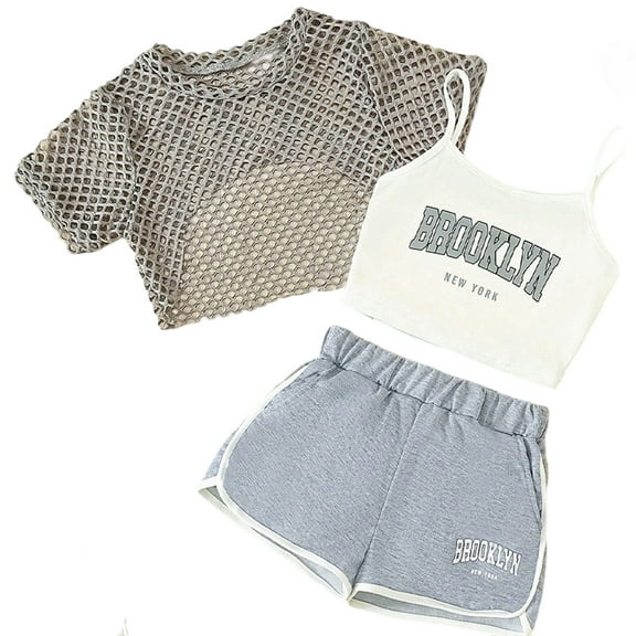 Gaexia Girls Outfits 3 Piece Set Cute Letter Print Sleeveless Top Mesh Short Sleeve Tee And Shorts Summer Casual Outfit For Toddler Kids,Grey,120/6Y